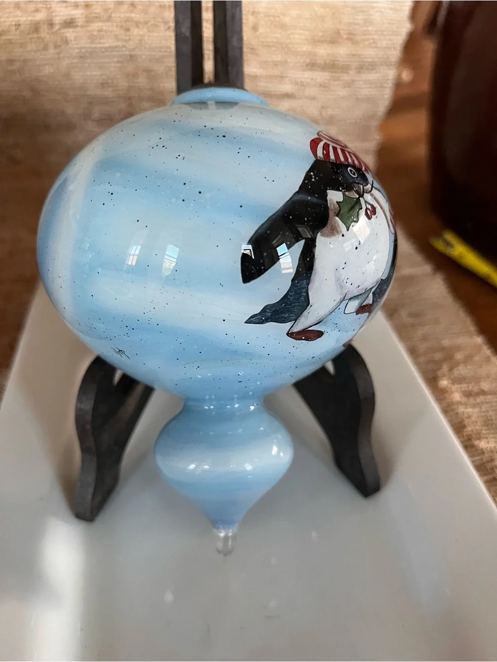 Ne'Qwa Art Blue Hand-Painted Glass Penguin Holiday Ornament